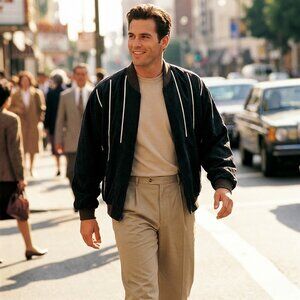 Genelli Mens L Bomber Jacket Black Silk White Stripe Zip Vintage 80s Minimalist